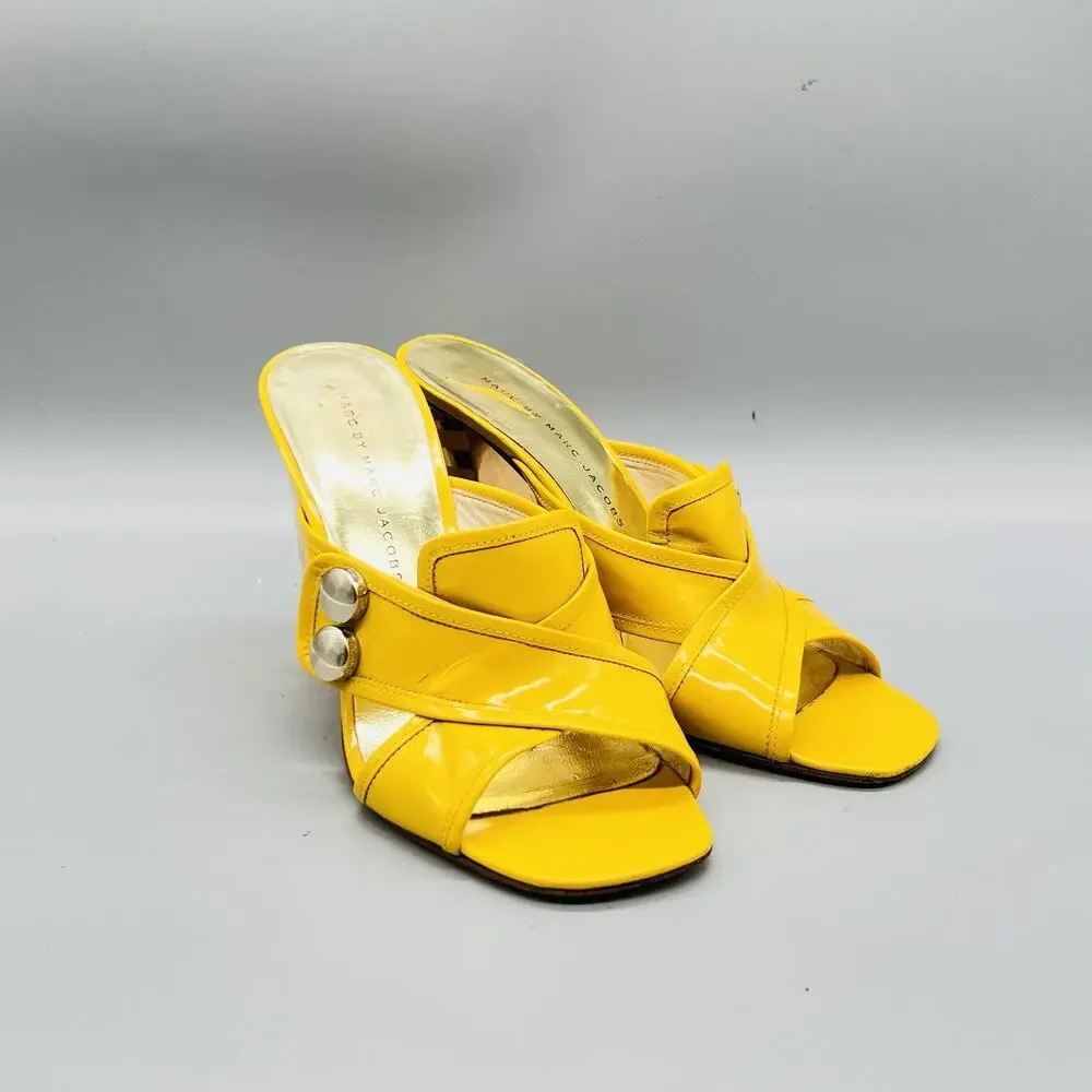 Marc By Marc Jacobs Sandals Womens 7.5 Yellow Patent Leather Slide Striped Heel
